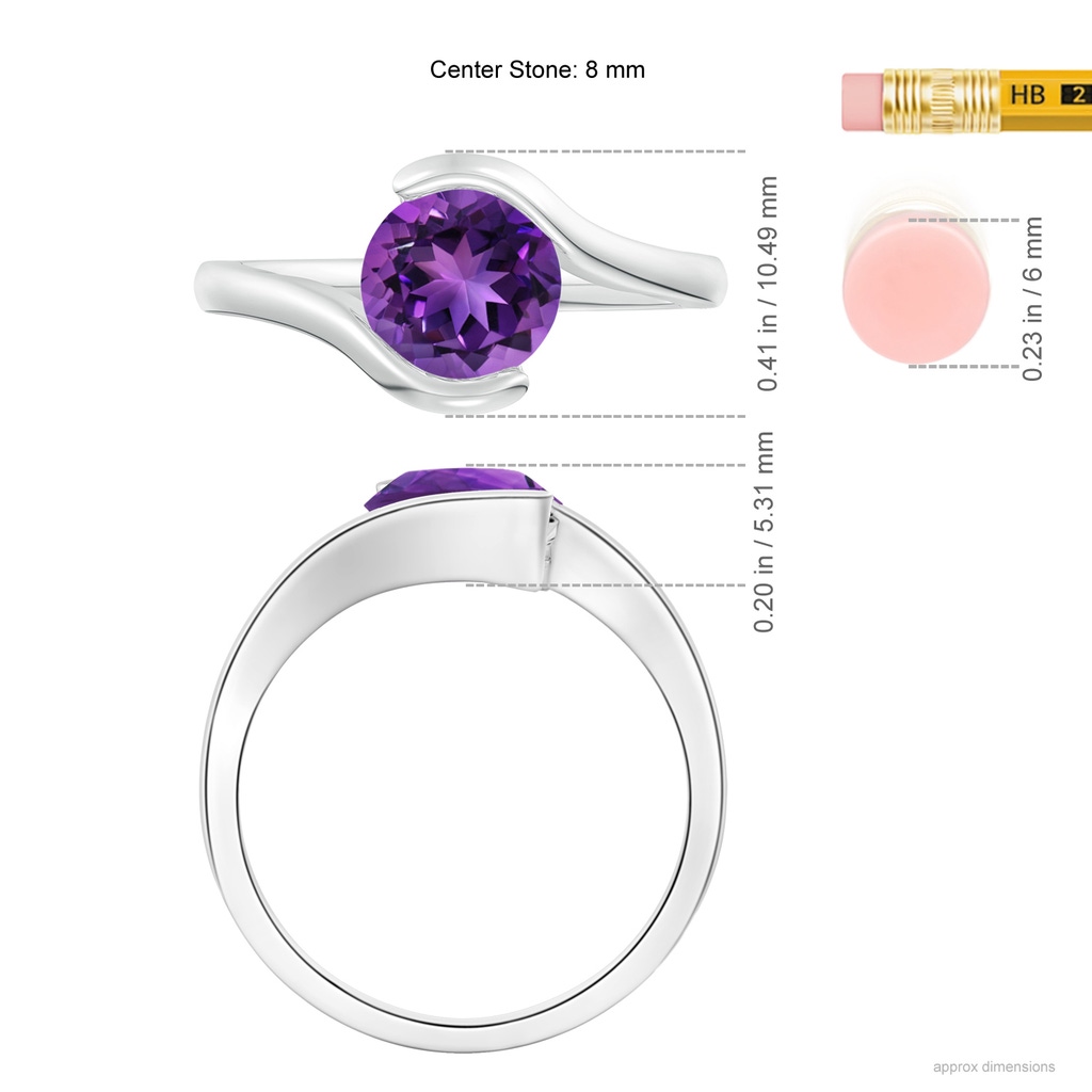 8mm AAAA Semi Bezel-Set Solitaire Round Amethyst Bypass Ring in White Gold Ruler