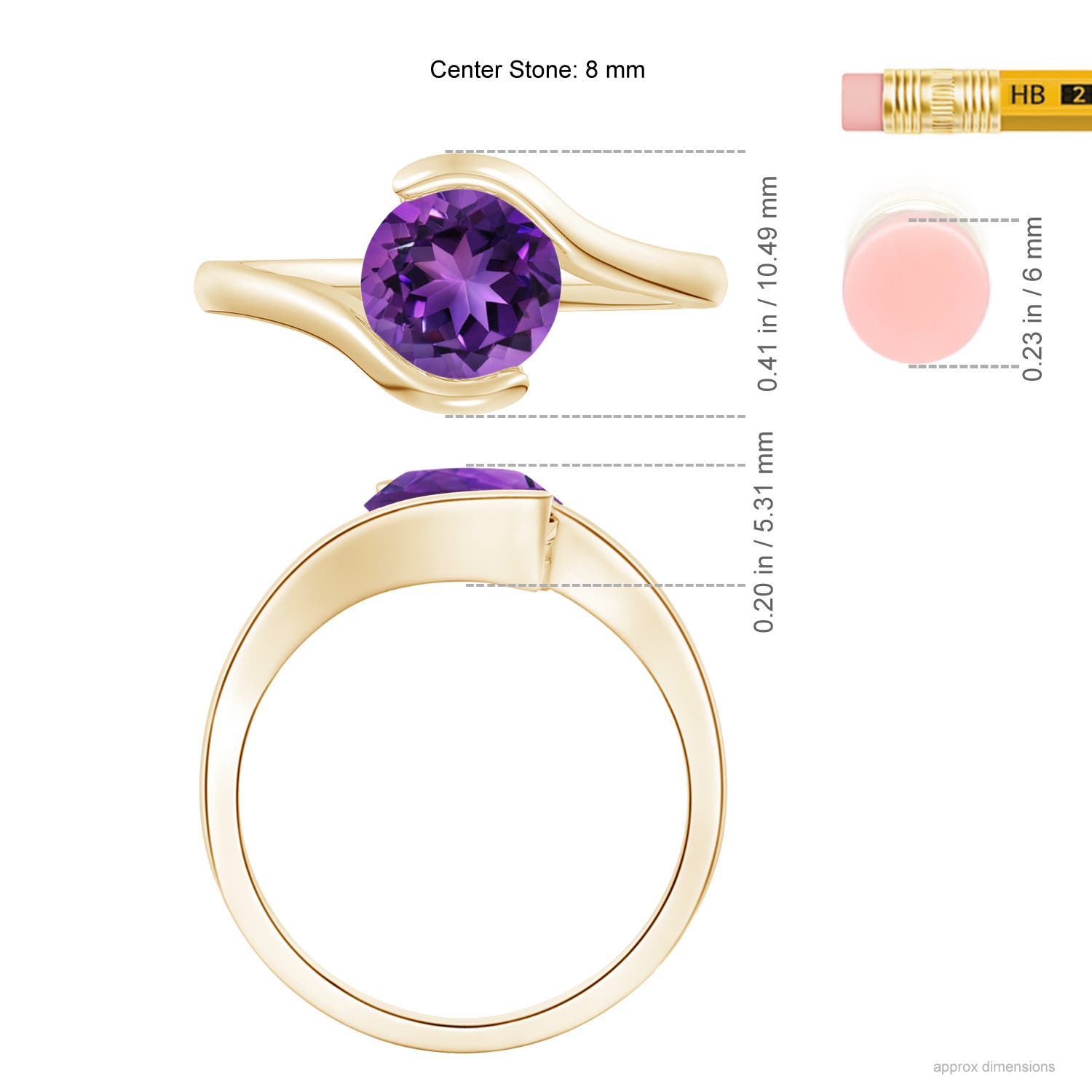 8mm AAAA Semi Bezel-Set Solitaire Round Amethyst Bypass Ring in Yellow Gold - ruler