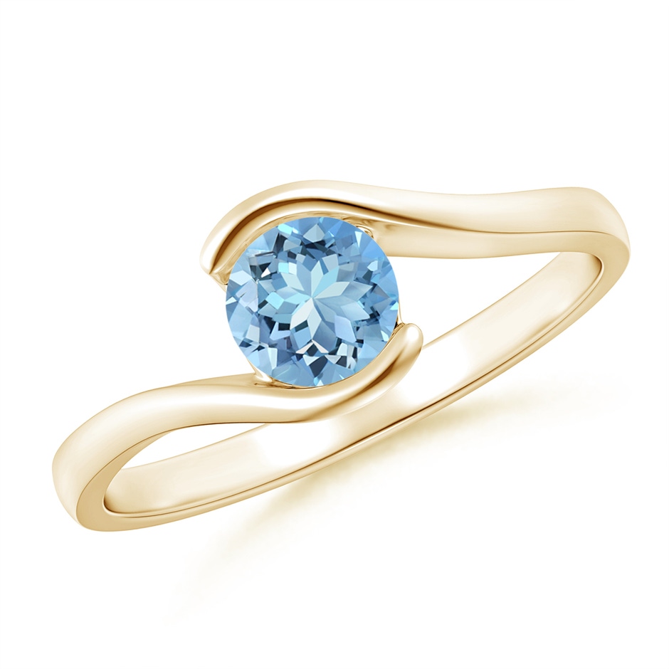 5mm AAAA Semi Bezel-Set Solitaire Round Aquamarine Bypass Ring in Yellow Gold 