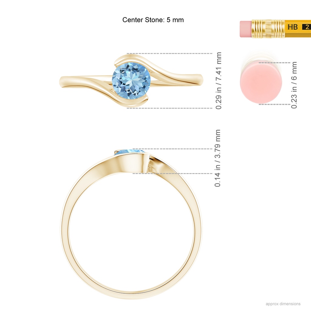 5mm AAAA Semi Bezel-Set Solitaire Round Aquamarine Bypass Ring in Yellow Gold ruler