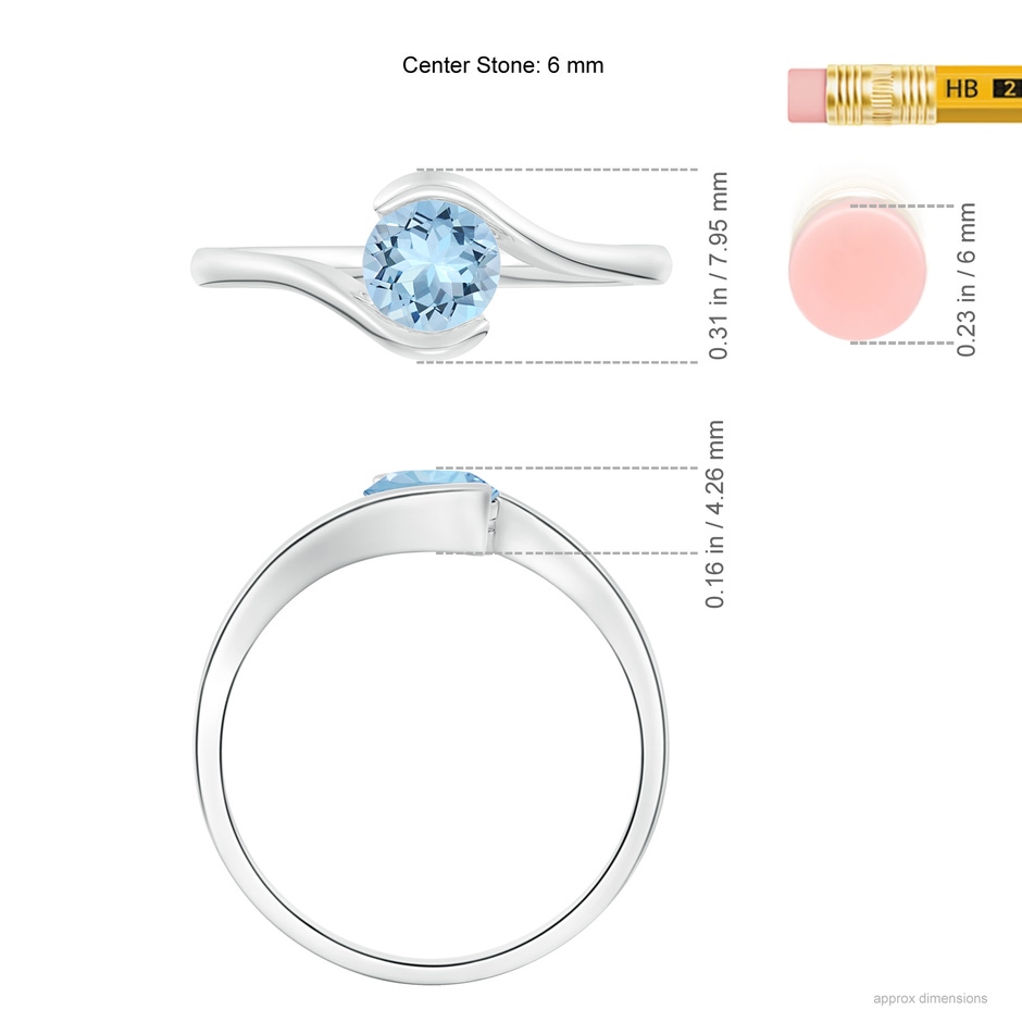 6mm AAA Semi Bezel-Set Solitaire Round Aquamarine Bypass Ring in P950 Platinum ruler