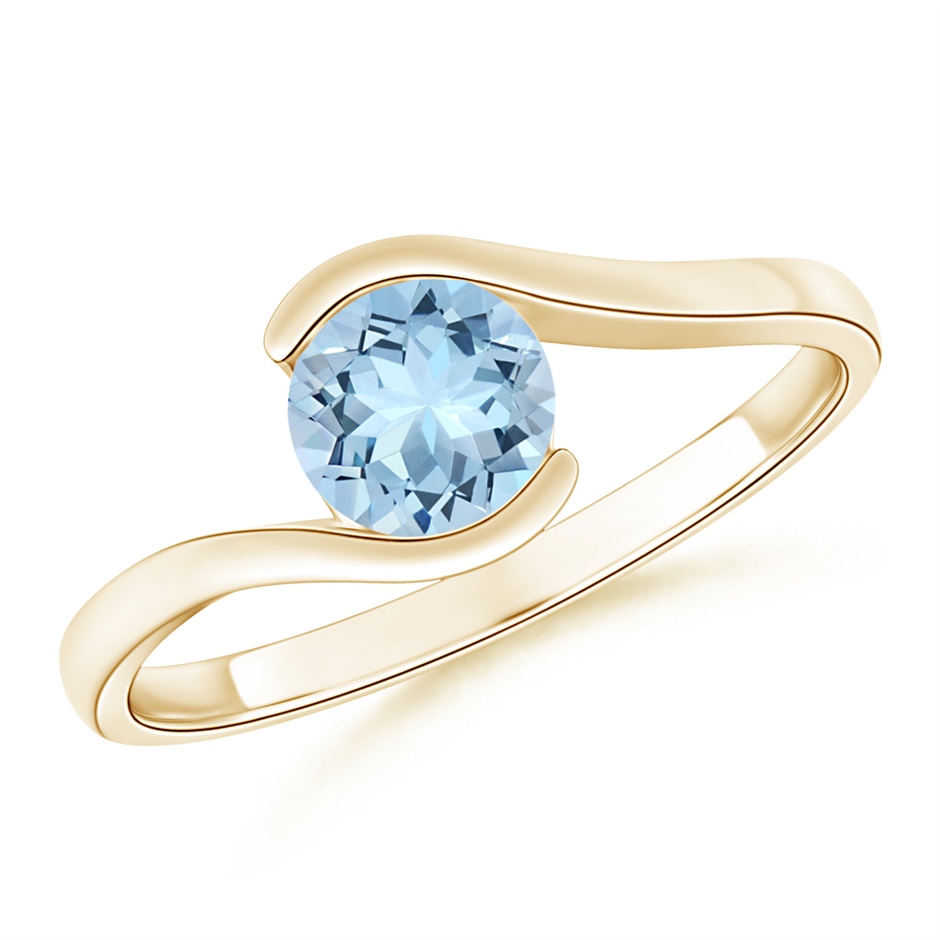 6mm AAA Semi Bezel-Set Solitaire Round Aquamarine Bypass Ring in Yellow Gold 