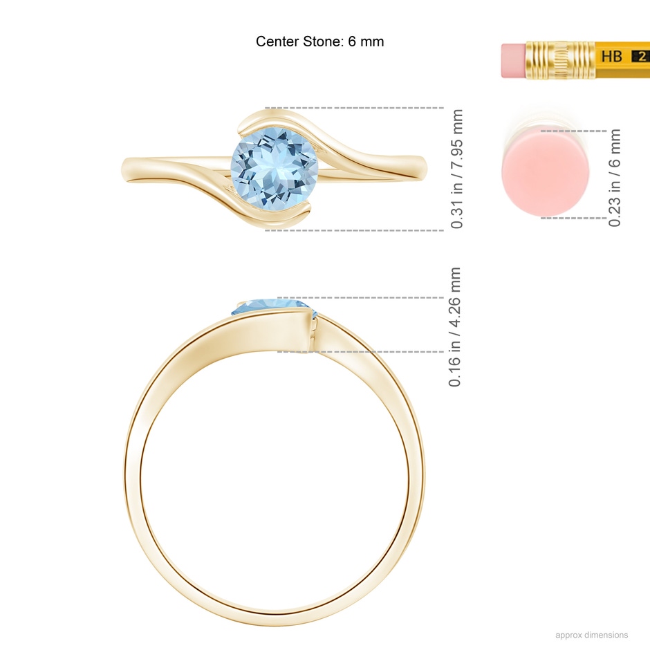 6mm AAA Semi Bezel-Set Solitaire Round Aquamarine Bypass Ring in Yellow Gold ruler