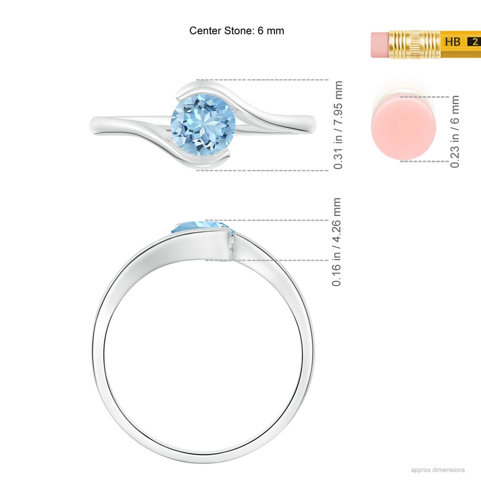 6mm AAAA Semi Bezel-Set Solitaire Round Aquamarine Bypass Ring in P950 Platinum ruler