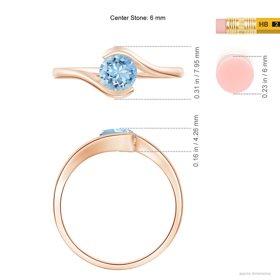 6mm AAAA Semi Bezel-Set Solitaire Round Aquamarine Bypass Ring in Rose Gold ruler