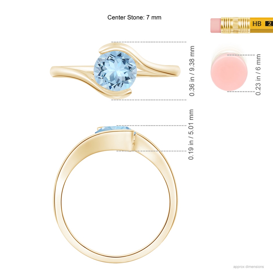 7mm AAA Semi Bezel-Set Solitaire Round Aquamarine Bypass Ring in Yellow Gold ruler