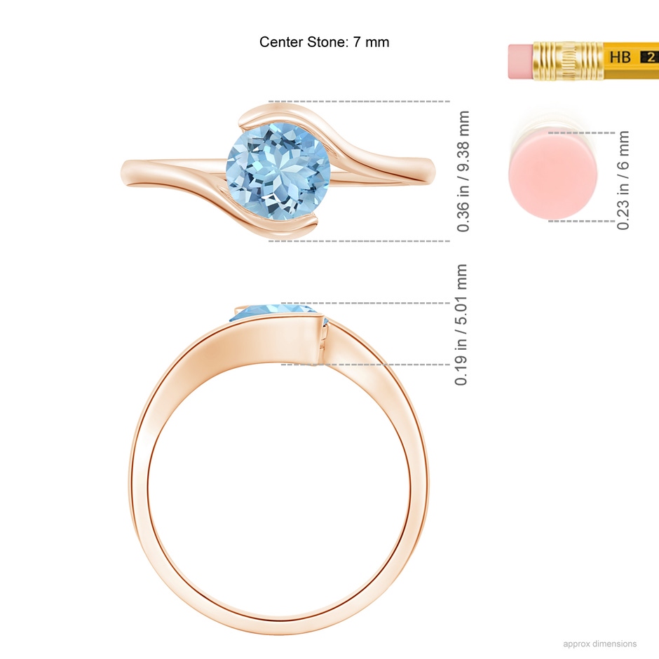7mm AAAA Semi Bezel-Set Solitaire Round Aquamarine Bypass Ring in Rose Gold ruler