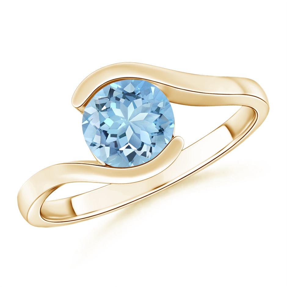 7mm AAAA Semi Bezel-Set Solitaire Round Aquamarine Bypass Ring in Yellow Gold 