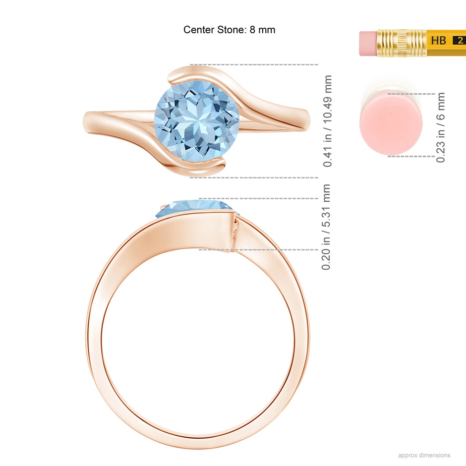 8mm AAA Semi Bezel-Set Solitaire Round Aquamarine Bypass Ring in Rose Gold ruler