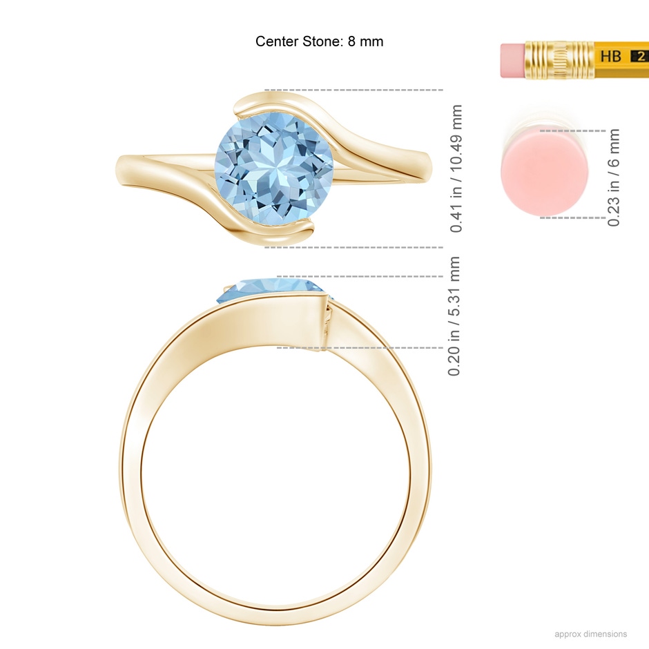 8mm AAA Semi Bezel-Set Solitaire Round Aquamarine Bypass Ring in Yellow Gold ruler