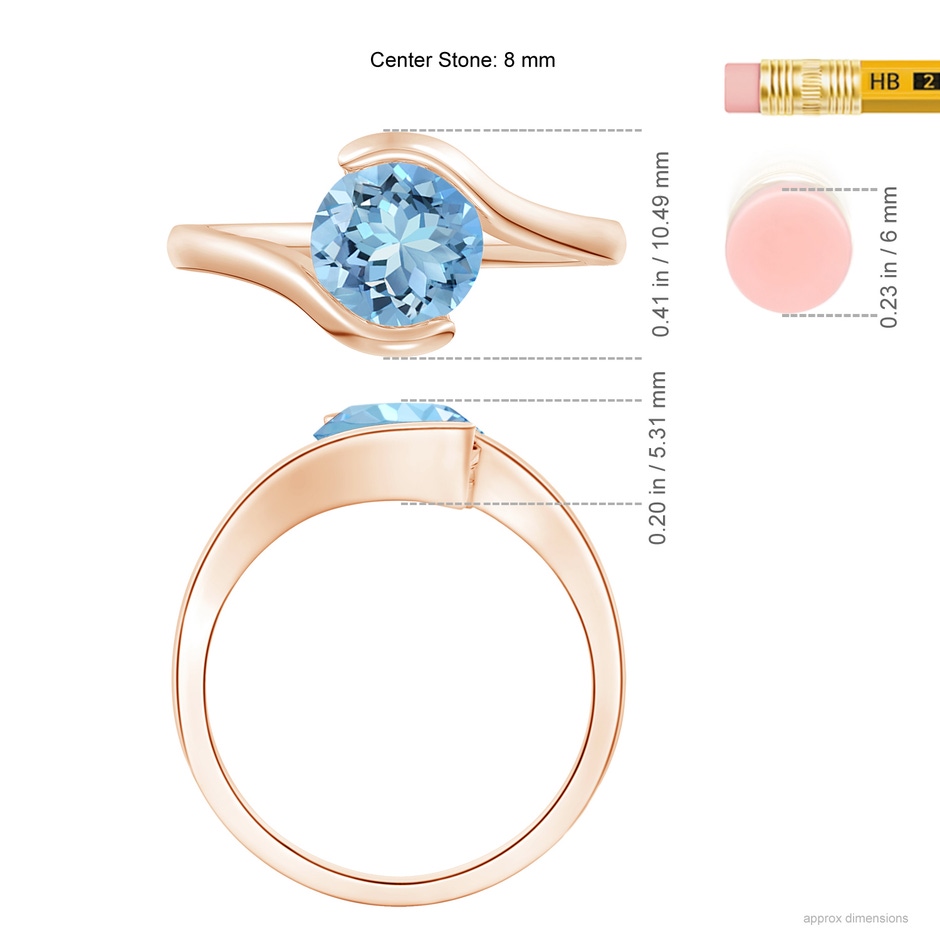 8mm AAAA Semi Bezel-Set Solitaire Round Aquamarine Bypass Ring in Rose Gold ruler
