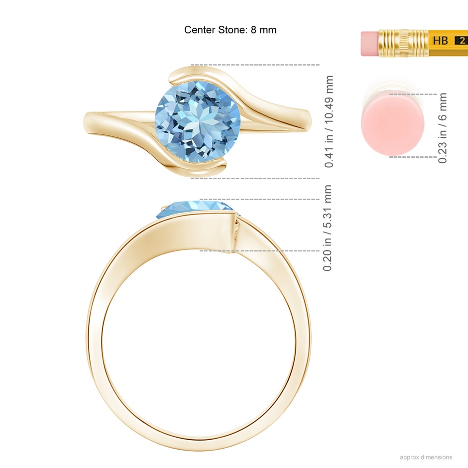 8mm AAAA Semi Bezel-Set Solitaire Round Aquamarine Bypass Ring in Yellow Gold ruler