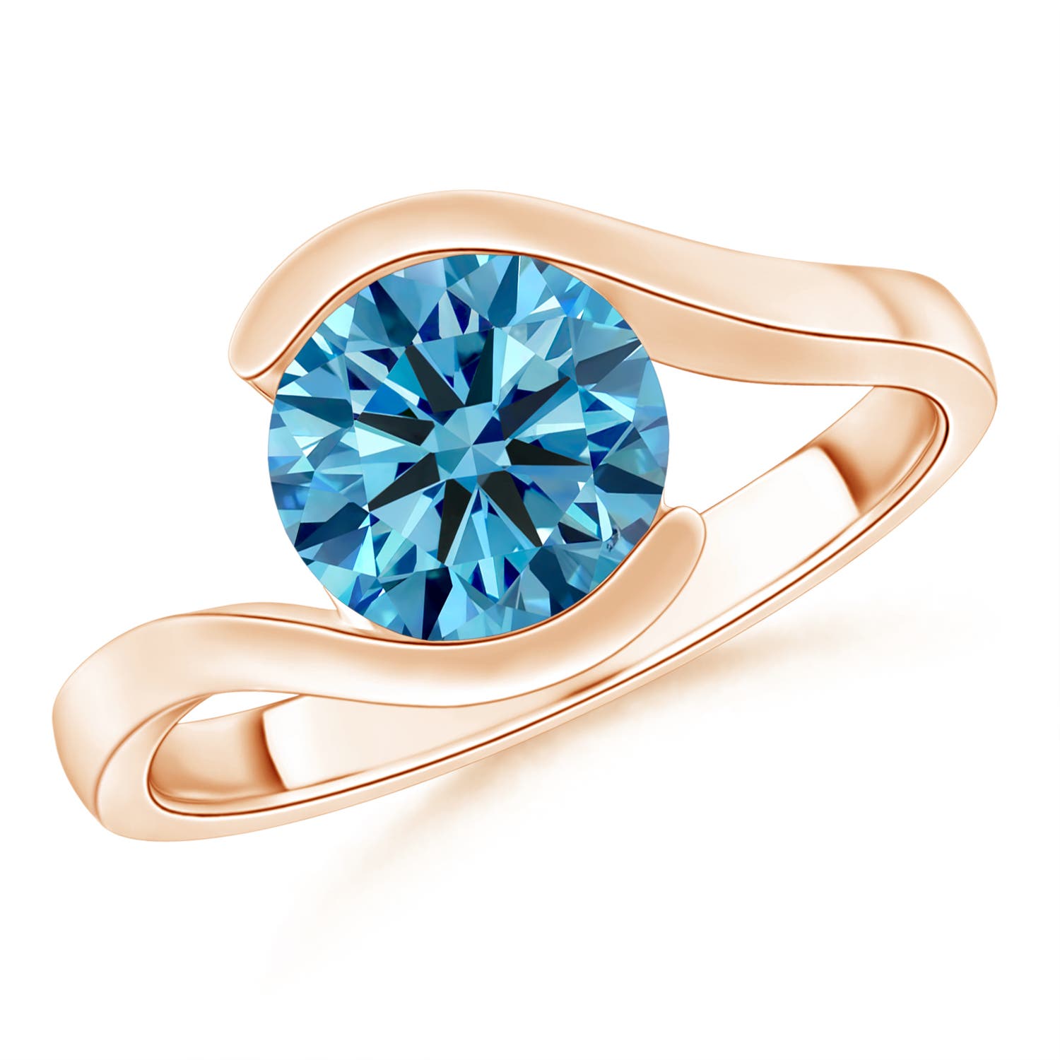 Angara 2.01 CTW Semi Bezel-Set Solitaire Round Fancy Intense Blue Diamond Bypass Engagement Ring in 14K Rose Gold