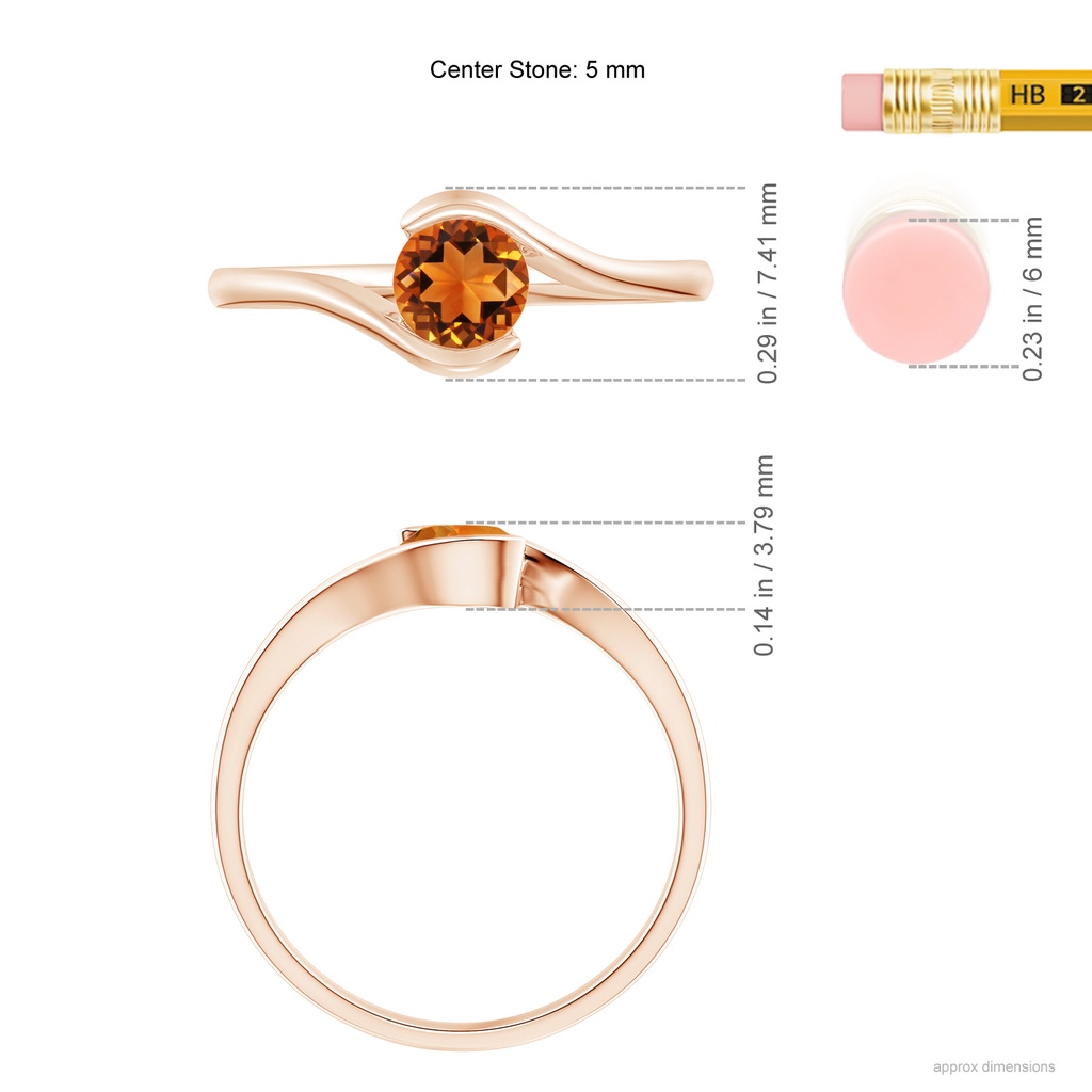 5mm AAAA Semi Bezel-Set Solitaire Round Citrine Bypass Ring in Rose Gold Ruler