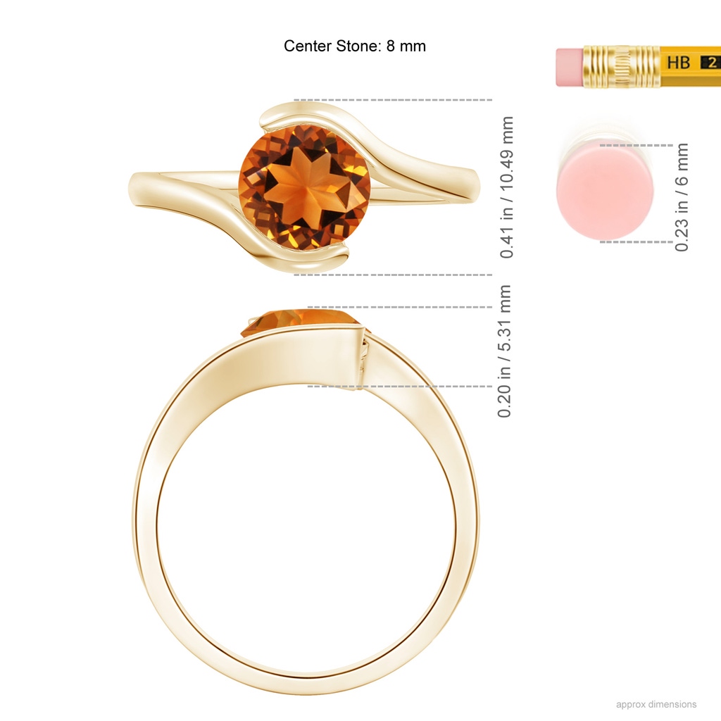 7.5mm AAAA Semi Bezel-Set Solitaire Round Citrine Bypass Ring in Yellow Gold Ruler