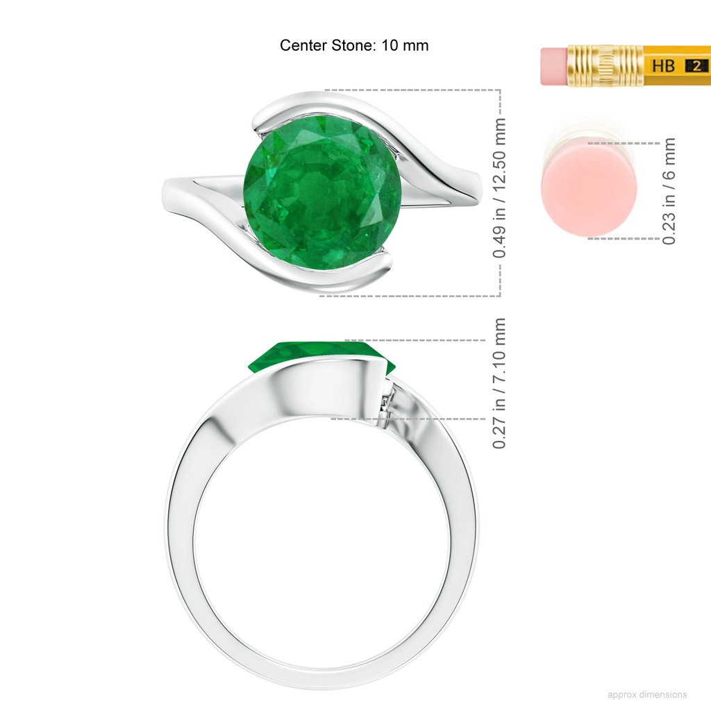 10mm AA Semi Bezel-Set Solitaire Round Emerald Bypass Ring in P950 Platinum ruler