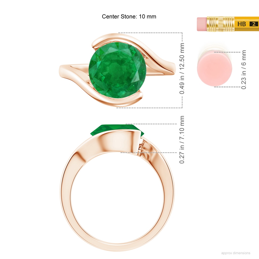 10mm AA Semi Bezel-Set Solitaire Round Emerald Bypass Ring in Rose Gold ruler