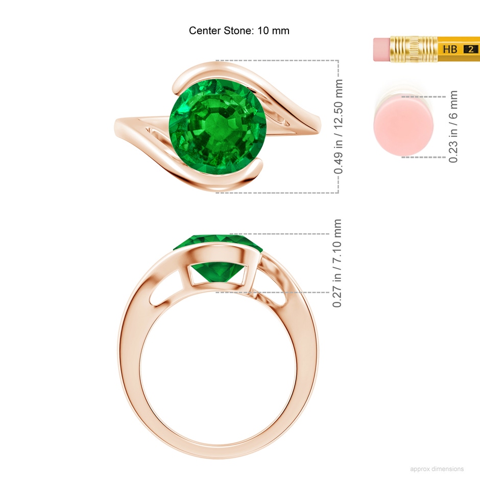 10mm AAAA Semi Bezel-Set Solitaire Round Emerald Bypass Ring in Rose Gold ruler