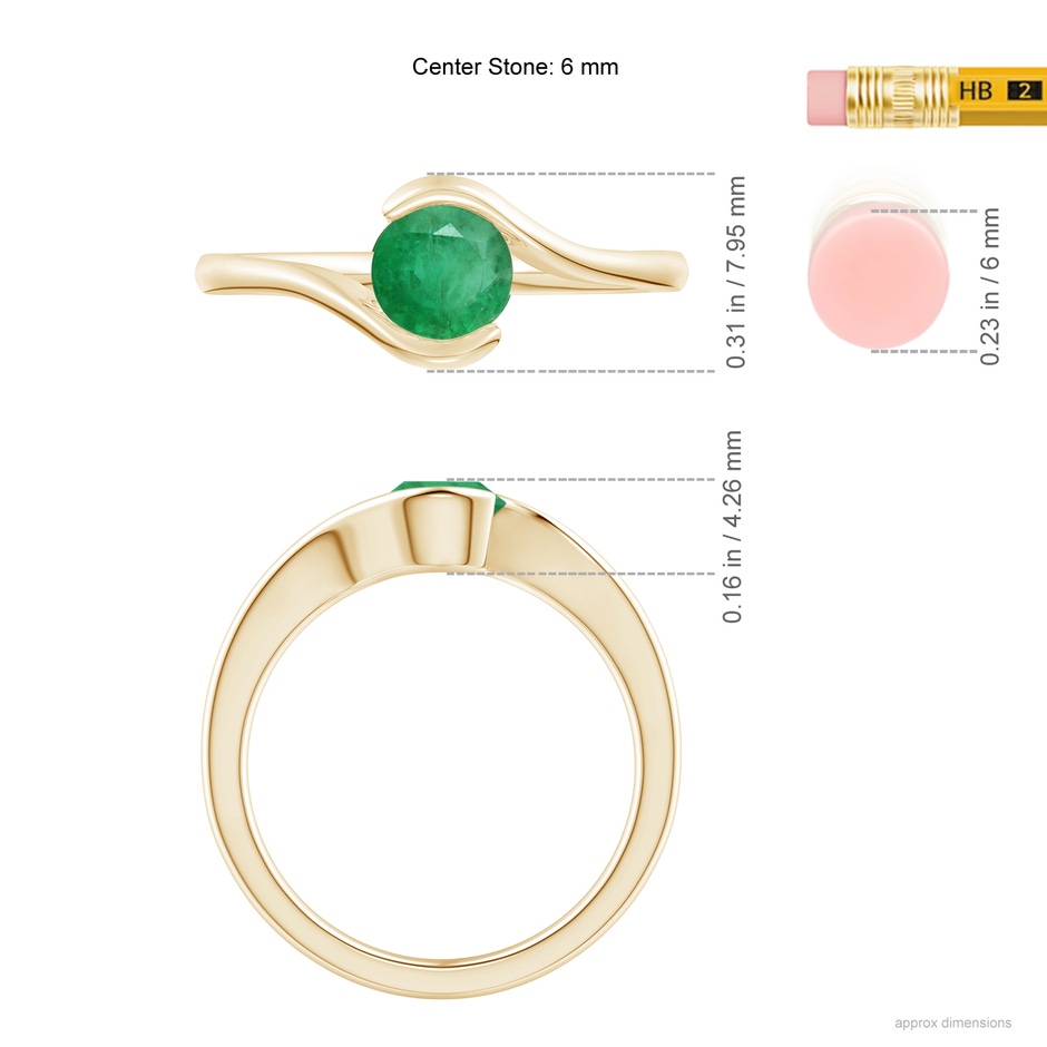 5.5mm A Semi Bezel-Set Solitaire Round Emerald Bypass Ring in Yellow Gold ruler