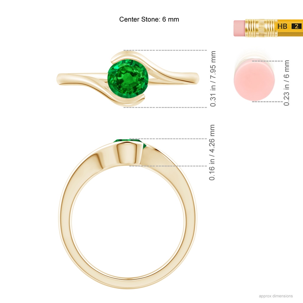 5.5mm AAAA Semi Bezel-Set Solitaire Round Emerald Bypass Ring in Yellow Gold ruler