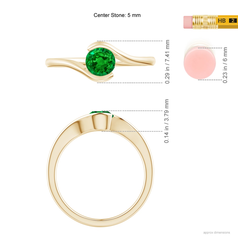 5mm AAAA Semi Bezel-Set Solitaire Round Emerald Bypass Ring in Yellow Gold ruler