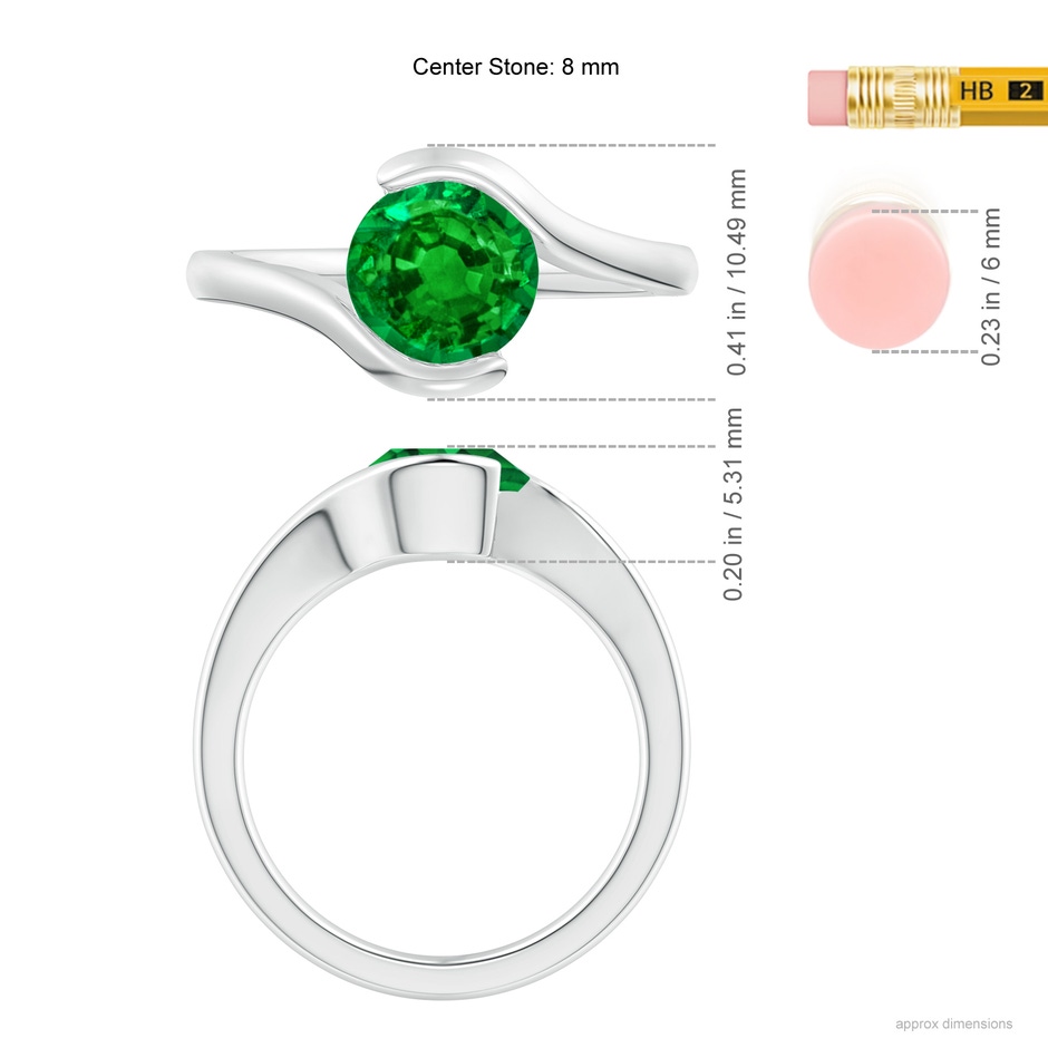 7.5mm AAAA Semi Bezel-Set Solitaire Round Emerald Bypass Ring in P950 Platinum ruler