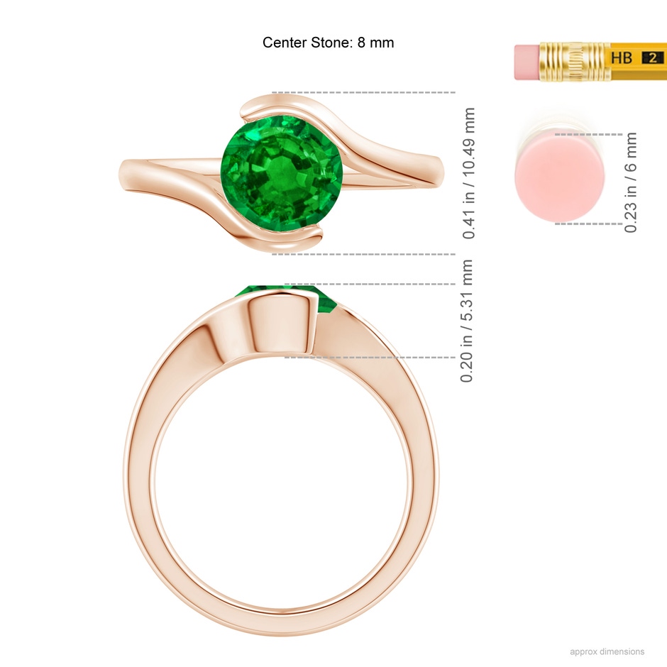 7.5mm AAAA Semi Bezel-Set Solitaire Round Emerald Bypass Ring in Rose Gold ruler