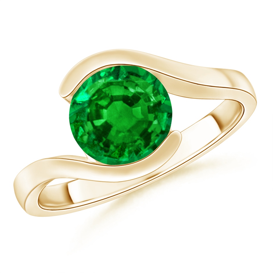 7.5mm AAAA Semi Bezel-Set Solitaire Round Emerald Bypass Ring in Yellow Gold 