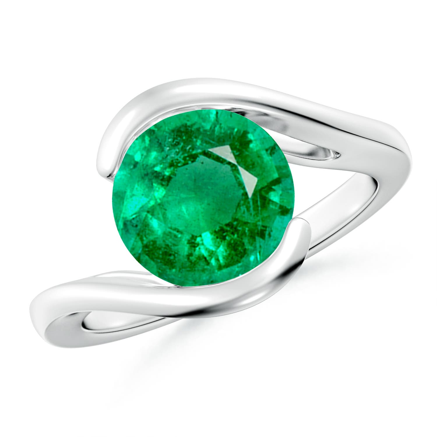 9mm AAA Semi Bezel-Set Solitaire Round Emerald Bypass Ring in 18K White Gold