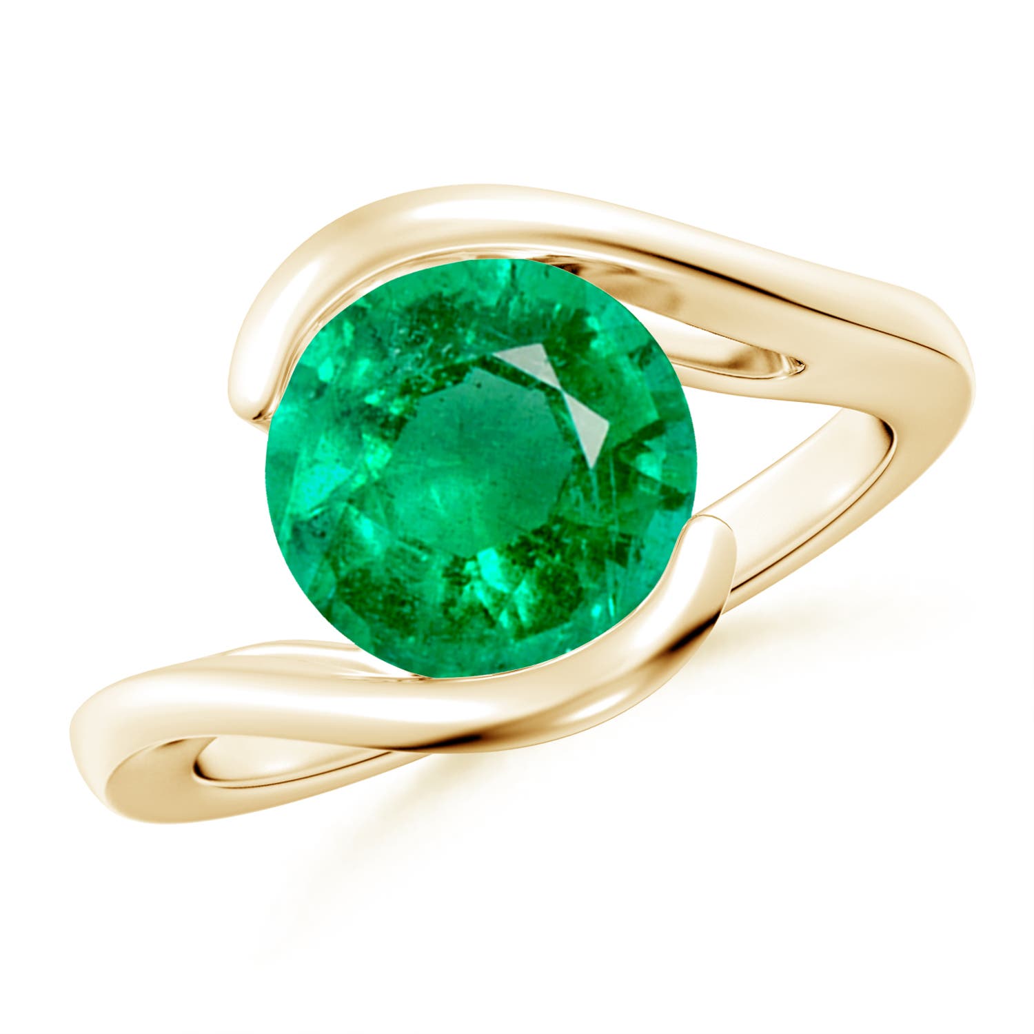 9mm AAA Semi Bezel-Set Solitaire Round Emerald Bypass Ring in Yellow Gold