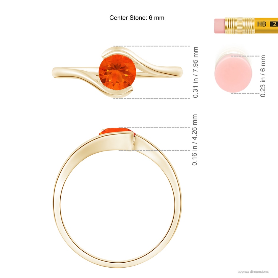 6mm AAA Semi Bezel-Set Solitaire Round Fire Opal Bypass Ring in Yellow Gold ruler