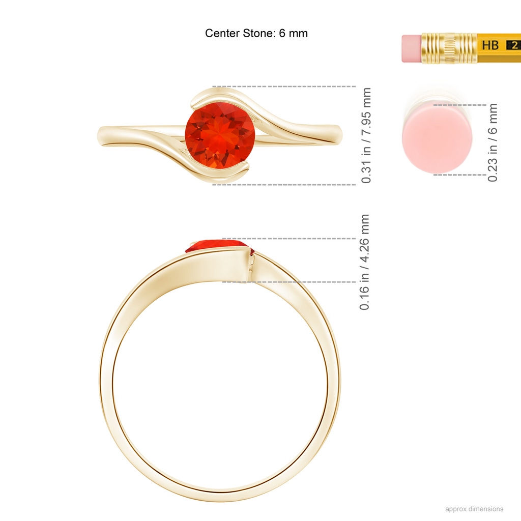 6mm AAAA Semi Bezel-Set Solitaire Round Fire Opal Bypass Ring in Yellow Gold Ruler