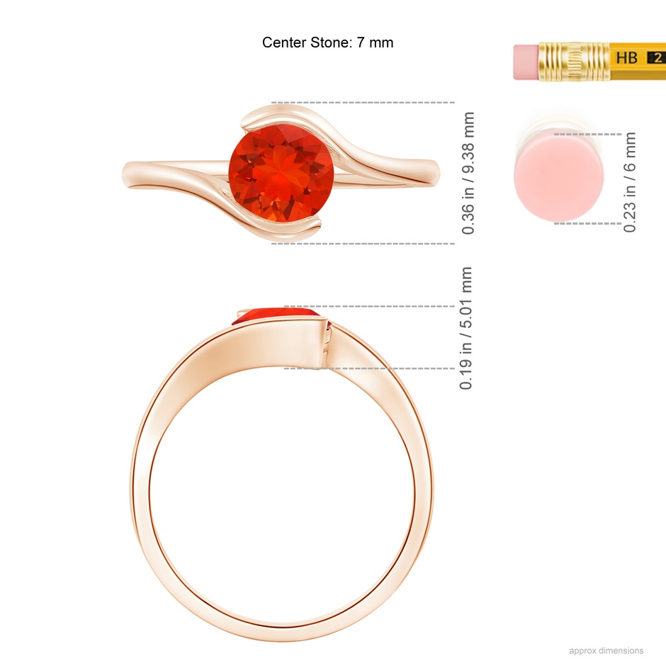 7mm AAAA Semi Bezel-Set Solitaire Round Fire Opal Bypass Ring in Rose Gold ruler