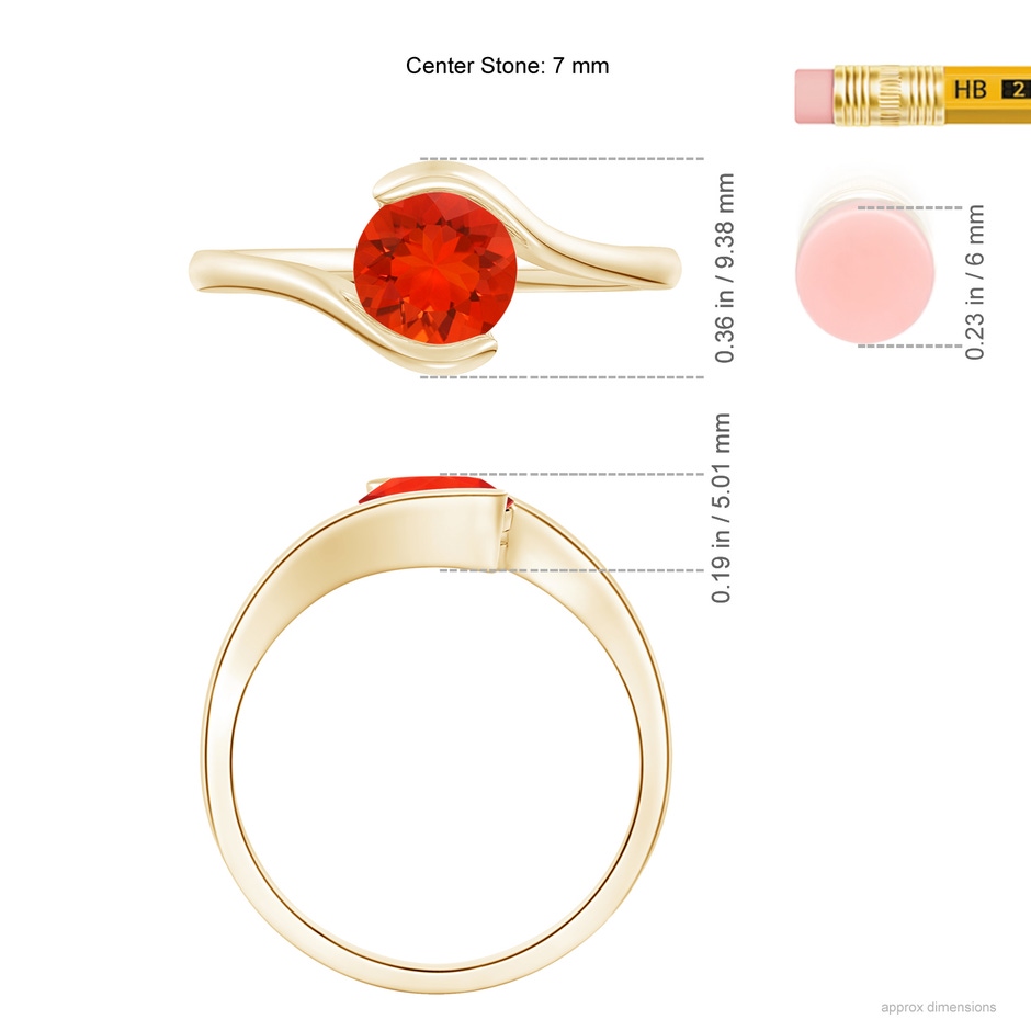 7mm AAAA Semi Bezel-Set Solitaire Round Fire Opal Bypass Ring in Yellow Gold ruler