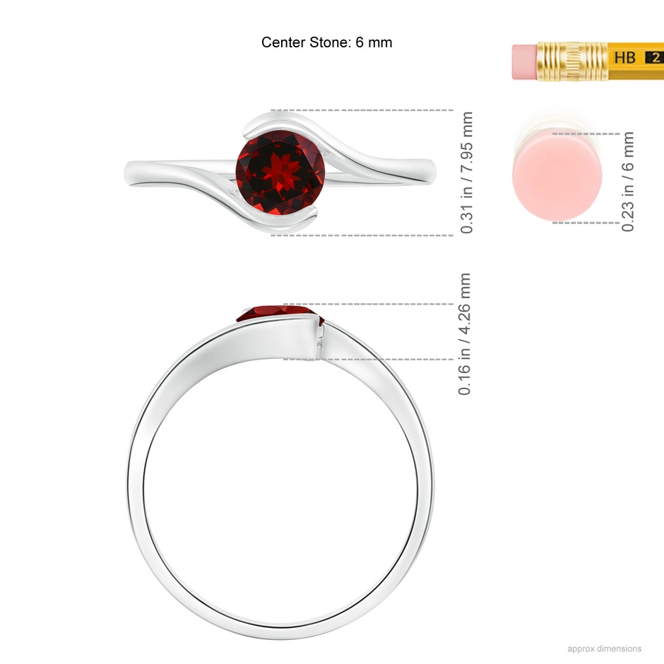 6mm AAAA Semi Bezel-Set Solitaire Round Garnet Bypass Ring in White Gold ruler