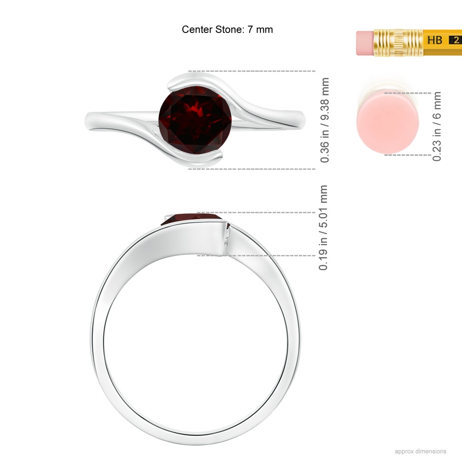 7mm A Semi Bezel-Set Solitaire Round Garnet Bypass Ring in 18K White Gold ruler