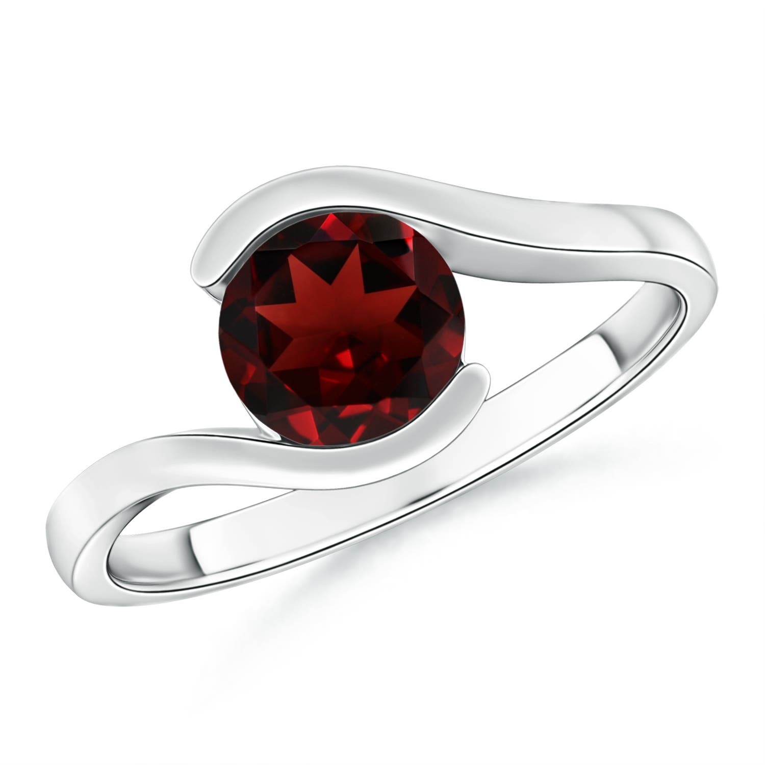 7mm AAA Semi Bezel-Set Solitaire Round Garnet Bypass Ring in 18K White Gold