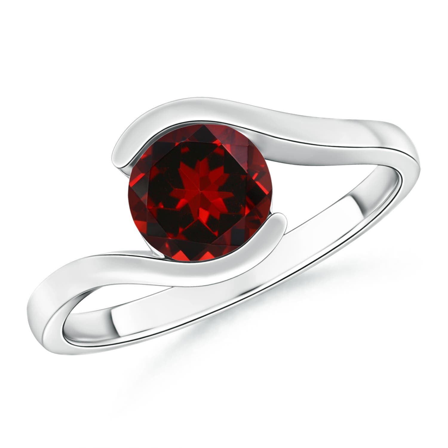 7mm AAAA Semi Bezel-Set Solitaire Round Garnet Bypass Ring in 18K White Gold