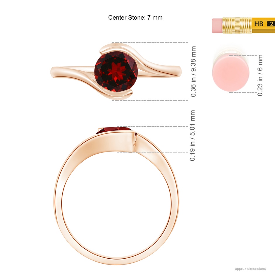 7mm AAAA Semi Bezel-Set Solitaire Round Garnet Bypass Ring in Rose Gold ruler