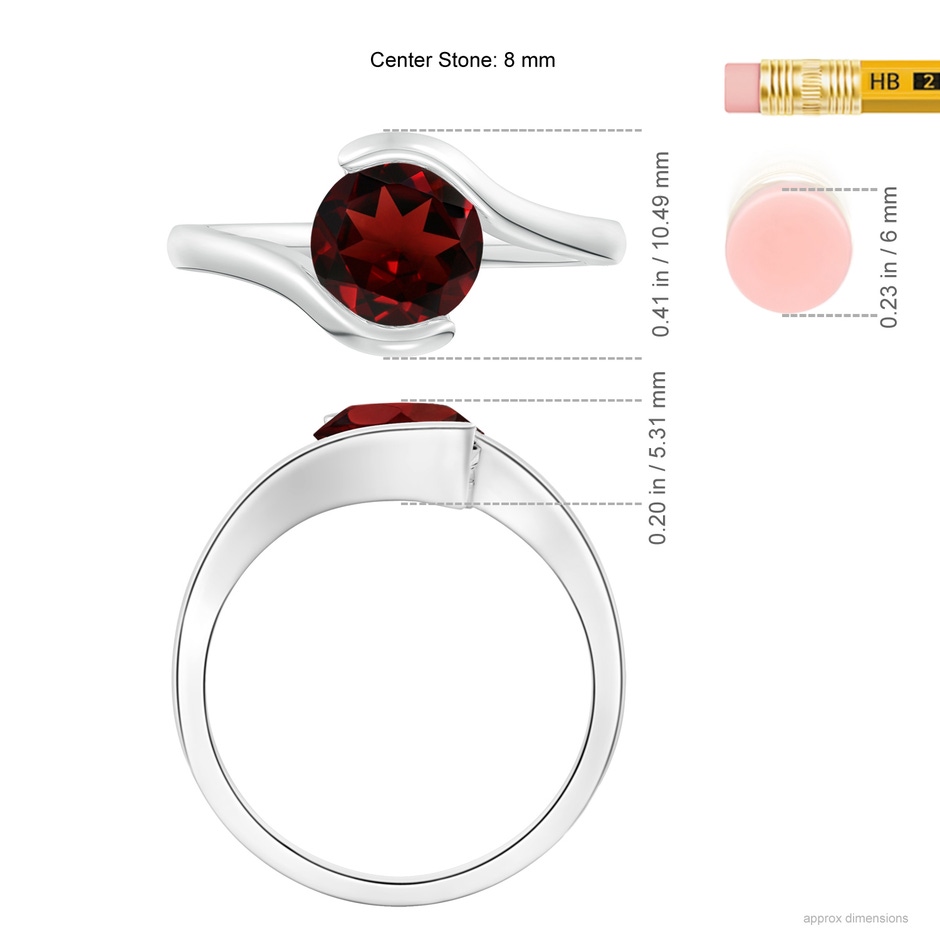 8mm AAA Semi Bezel-Set Solitaire Round Garnet Bypass Ring in 18K White Gold ruler
