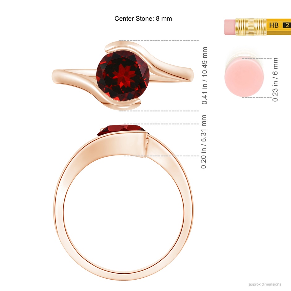 8mm AAAA Semi Bezel-Set Solitaire Round Garnet Bypass Ring in Rose Gold ruler