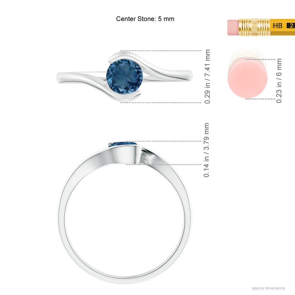 5mm AA Semi Bezel-Set Solitaire Round London Blue Topaz Bypass Ring in 18K White Gold ruler