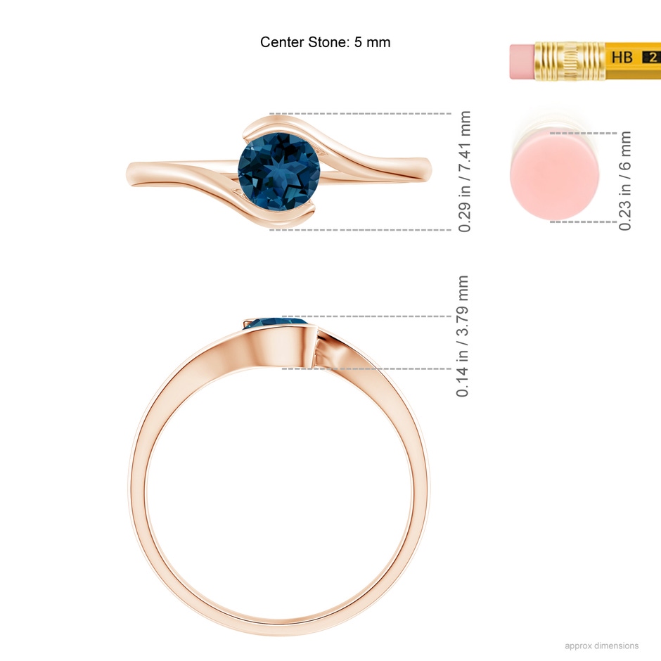 5mm AAA Semi Bezel-Set Solitaire Round London Blue Topaz Bypass Ring in 18K Rose Gold ruler