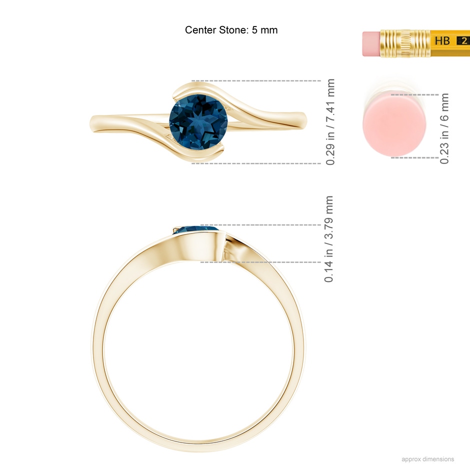5mm AAA Semi Bezel-Set Solitaire Round London Blue Topaz Bypass Ring in Yellow Gold ruler