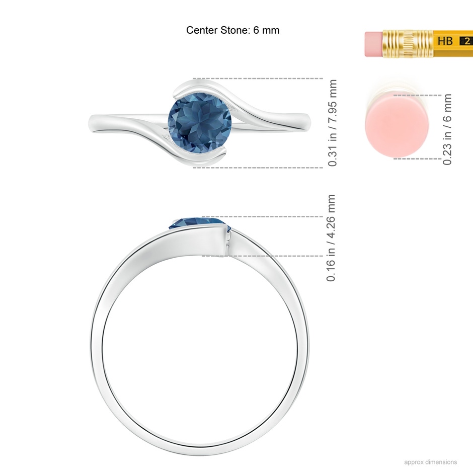 6mm A Semi Bezel-Set Solitaire Round London Blue Topaz Bypass Ring in 18K White Gold ruler