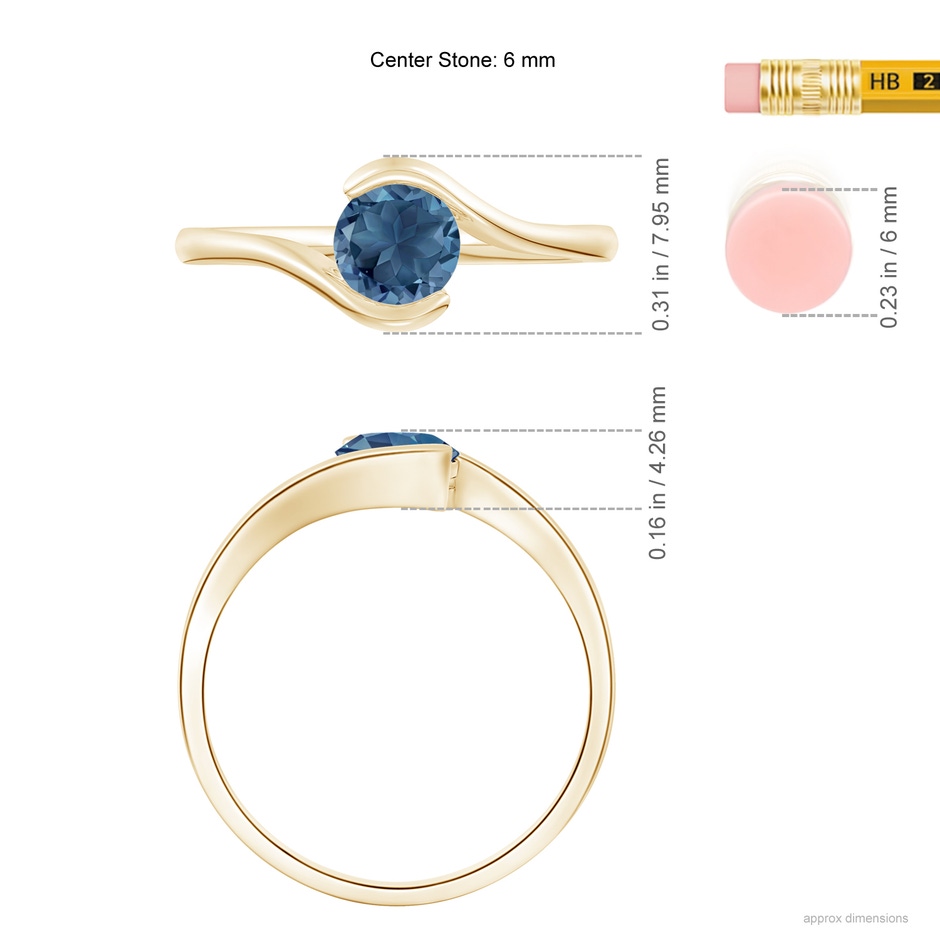 6mm A Semi Bezel-Set Solitaire Round London Blue Topaz Bypass Ring in Yellow Gold ruler