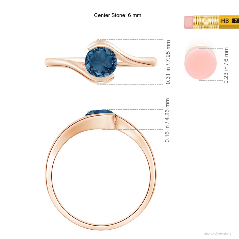6mm AA Semi Bezel-Set Solitaire Round London Blue Topaz Bypass Ring in 18K Rose Gold ruler