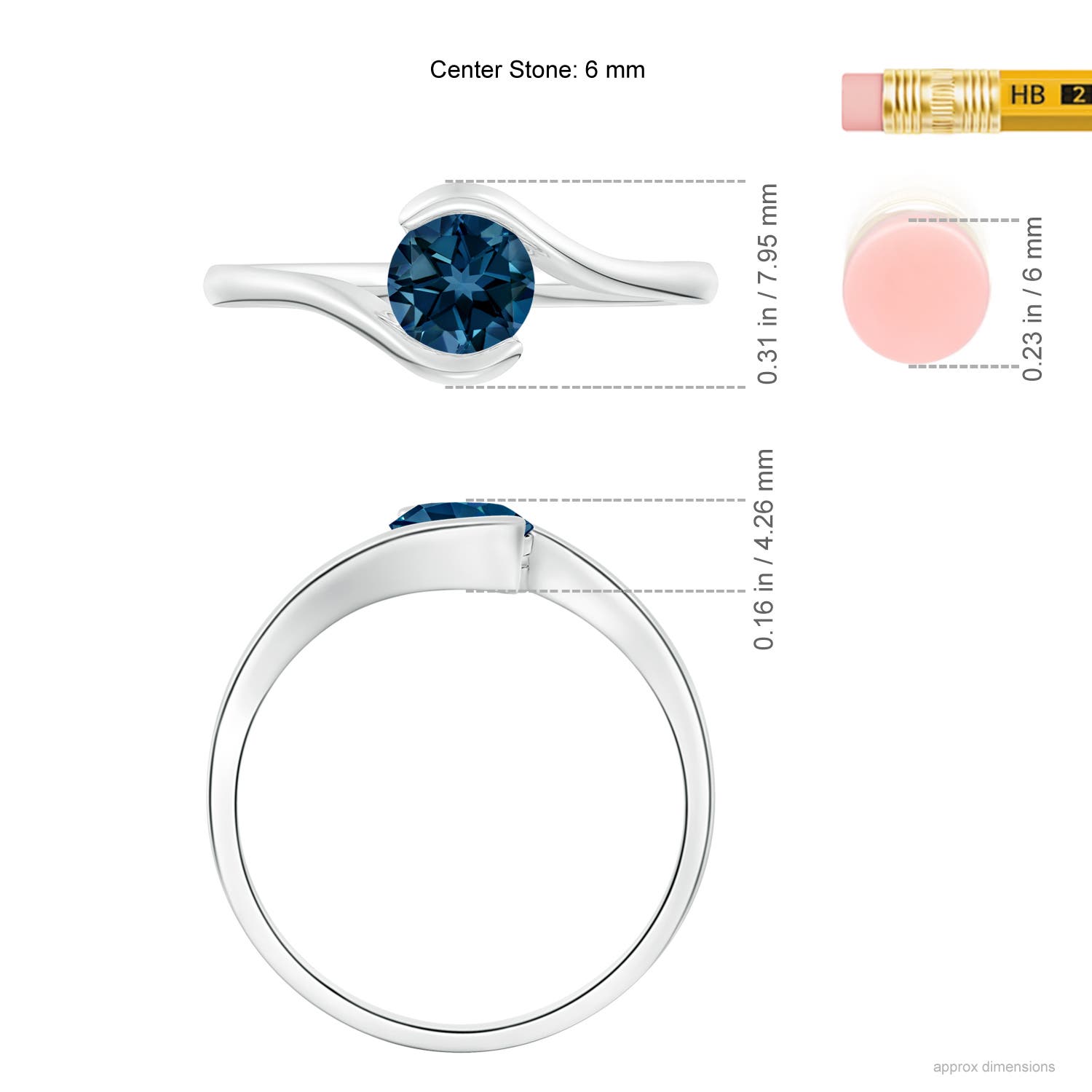 6mm AAAA Semi Bezel-Set Solitaire Round London Blue Topaz Bypass Ring in White Gold - ruler
