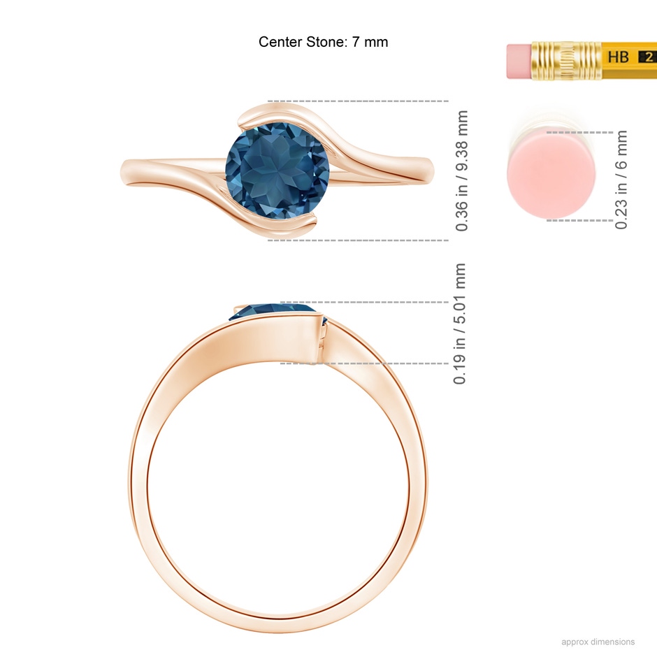 7mm AA Semi Bezel-Set Solitaire Round London Blue Topaz Bypass Ring in 18K Rose Gold ruler