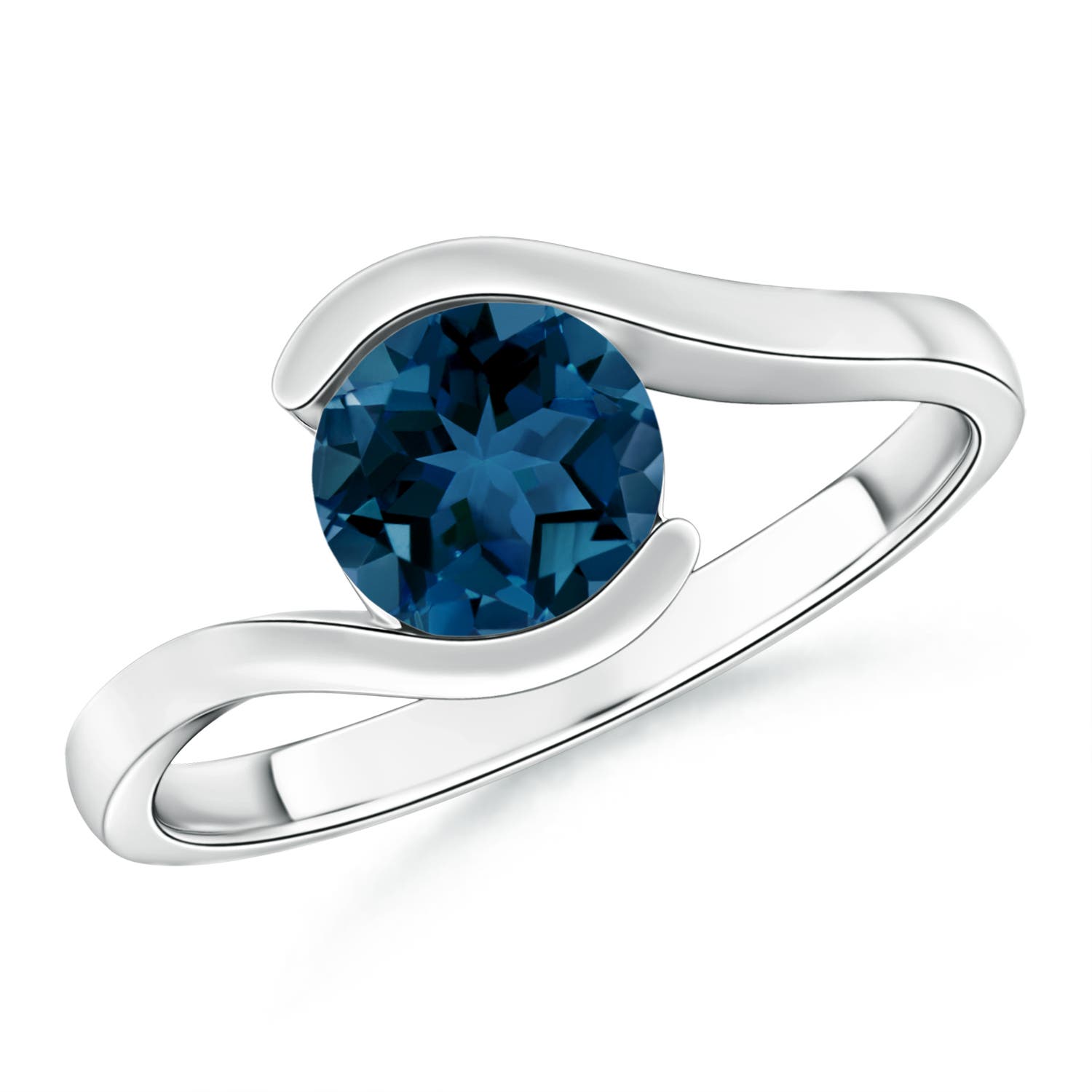 7mm AAA Semi Bezel-Set Solitaire Round London Blue Topaz Bypass Ring in 18CT White Gold